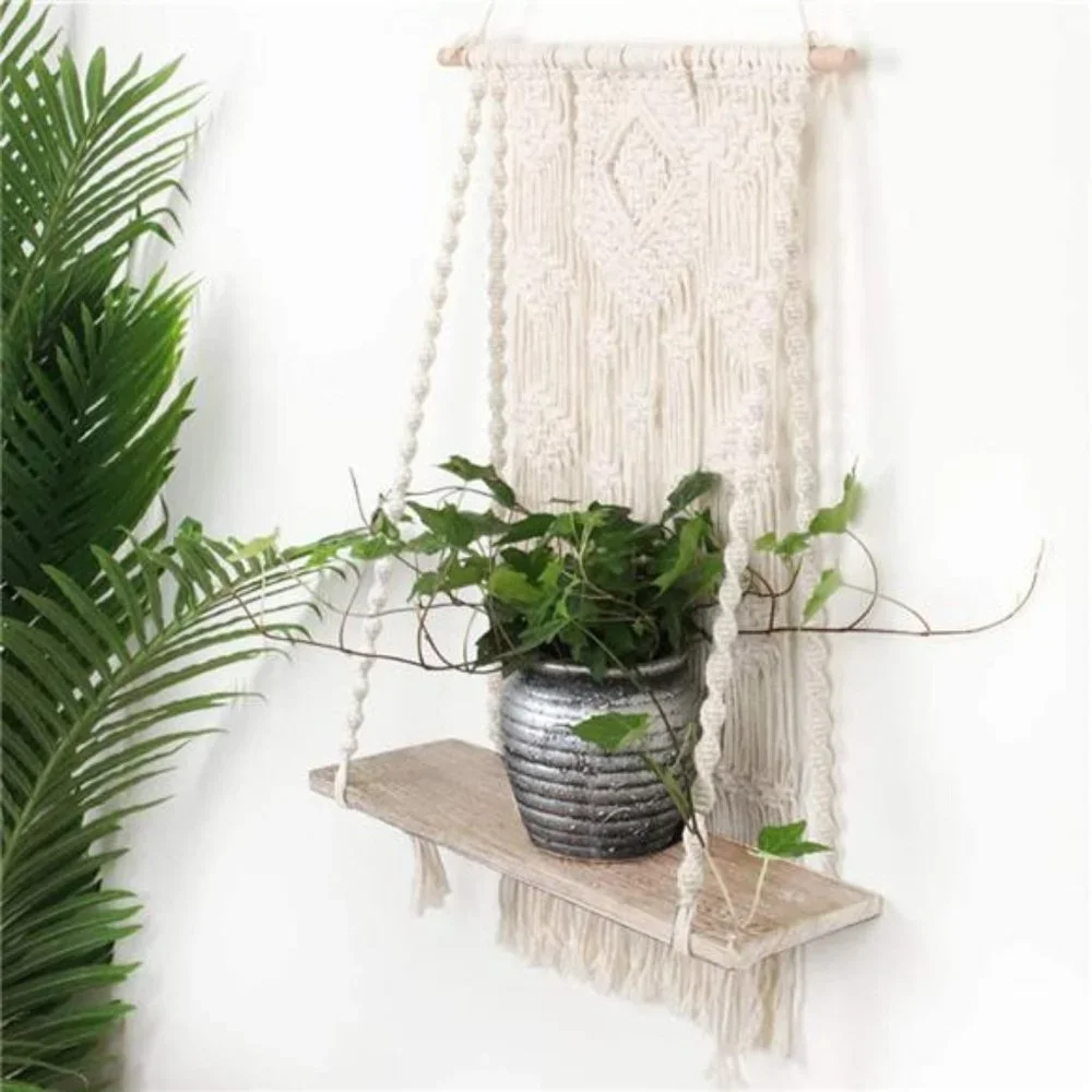 Macrame Wall Hanging Shelf Boho Rope Plant Pot Basket Holder Plant Hanger Indoor